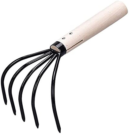 Râteau à Gazon, râteau à Cinq Griffes, râteau à Main, Outil de creusement Portable avec Manche en Bois, Mini râteau en Acier pour Outil de repiquage de Jardin