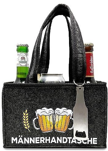 Witzige Männerhandtasche mit Flaschenöffner | Tragetasche aus Hochwertigem Filz für 6 Bierflaschen | Bier Herrenhandtasche in Grau