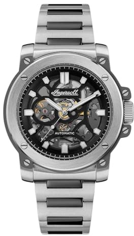 Ingersoll The Freestyle Herren-Automatikuhr, 45,5 mm, mit Skelett-Zifferblatt und zweifarbigem Silber/IP-Gun-Armband
