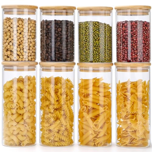 Lannvan Vorratsgläser mit Deckel, 8er Set Vorratsdosen Glas Aufbewahrungsgläser Luftdicht, Vorratsglas mit Holzdeckel für Pasta, Cornflakes, Müsli, Bohnen Aufbewahrung - 4x 800ml + 4x 400ml
