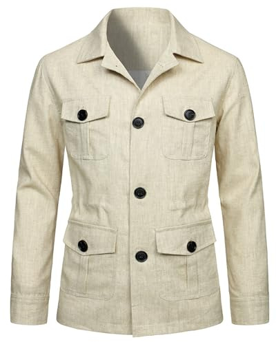 EsukAr Mens Ligero Safari Chaqueta Casual Lino Botón Hasta Multi-Bolsillo Abrigo Cargo Outwear
