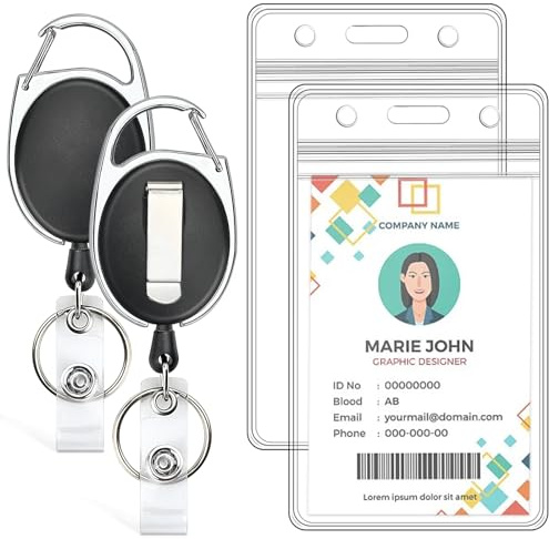 2 Pack ID Badge Holder with Retractable Badge Reel Clear Vertical ID Card Holder with Heavy Duty Carabiner Badge Reel with 24 Inches Pull Cord