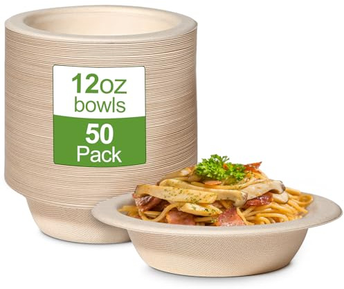 50 Pack 12oz Brown Paper Disposable Bowls Compostable Sugarcane for Party | Strong & heavy duty, compostable & biodegradable, for parties BBQs picnics weddings