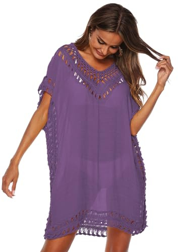 KANDEMY Damen Sommer Bikini Cover Up V-Ausschnitt Strand Poncho Strandkleid mit Cutout Crochet Badeanzug Sommer Kleider für Urlaub