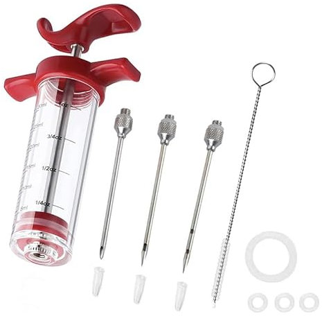 Rufevee Inyector de Carne, jeringa de inyector de Carne (inyector de Sabor de Adobo de 1 oz con 3 Agujas Profesionales, 1 cepillos de Limpieza + 3 Anillos O) para jeringa de Baster de Turquía
