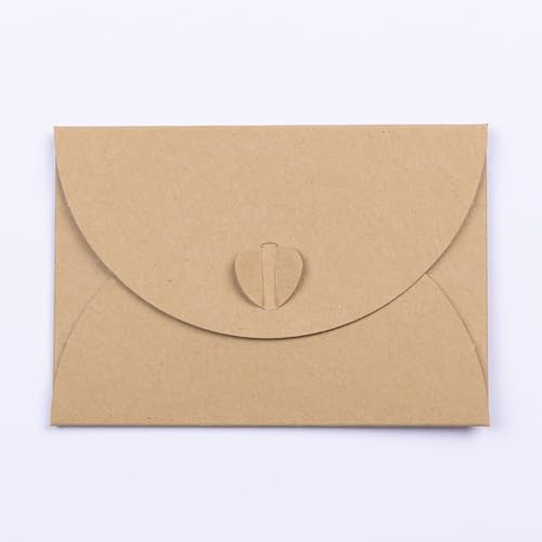 PresentFill® 100 Stück Mini Briefumschläge mit Herz Verschluss Natur/Braun Format 10 x 7 cm Kleine Umschläge aus 100% Recycling Kraftpapier zum gestalten, beschriften oder bedrucken