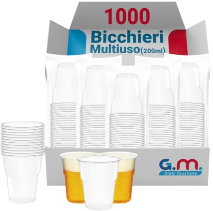 G.M. DISTRIBUZIONE 1000 Bicchieri Kristal da 200ml in PS Trasparente, Riutilizzabili, Per Aranciata, Gassosa, Birra, Vino, Superalcoolici, Bicchieri Multiuso Riutilizzabili, Per Bar e Lounge Bar
