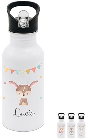 wunderwunsch® - Personalisierte Trinkflasche Kinder Edelstahl [ 500ml ] - Robuste Trinkflasche mit Namen - Wasserflasche mit Trinkhalm - Personalisierte Geschenke für Kinder (Reh Girlande)