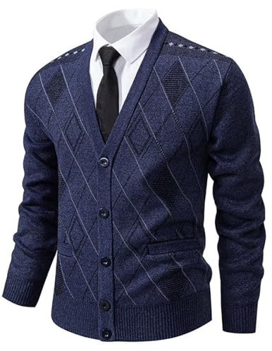 Veste traditionnelle pour homme, cardigan pour homme, cardigan en tricot avec fermeture à boutons, veste longue en tricot chaud, col en V, manteau d'hiver en tricot épais, pull classique à carreaux,