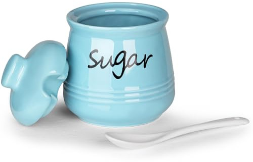 HAOTOP 12oz Sugar Bowl with Lid and Spoon,Ceramic Sugar Jar Sugar Dispenser Sugar Container Coffee Bar Accessories, Kitchen Countertop Canisters,Turquoise