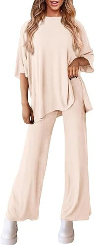 Oheyeseker Damen-Pyjama, kurzärmeliges Oberteil und lange Hose, weich, bequem, 2-teiliges Lounge-Set, beige, XL