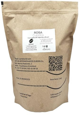 CAFE SIN INTERMEDIARIOS - Rosa - Café mezcla de origen India y Brasília En Grano Para Superautomática 1Kg - Tostado Semanal - Envasado y molinado al envío -Intensidad alta - Ideal para Café Solo