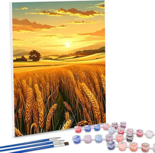 Malen Nach Zahlen Erwachsene, DIY Malen Nach Zahlen Handgemalt Ölgemälde Kit für Anfänger und Erwachsene, Weizenfeld Malerei Bastelset, Wohnwanddekor Mit Acrylfarben und Pinseln 20x30cm F-435