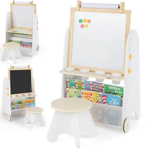 GYMAX 4-in-1 Kids Easel, Height Adjustable Children Art Easel with Stool, Whiteboard, Chalkboard, Bookshelves, Paper Roll and Art Supplies, Toddler Activity Table Set for 3+ Years Old (White+Natural)