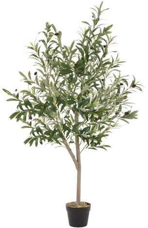 ML-Design Olivo Artificial 150 cm Decorativo, Planta Falsa Grande con Tronco de Madera Natural, Hojas de Tela y Frutos de Plástico de Interior/Exterior, Árbol Ornamental Realista para Salón Oficina