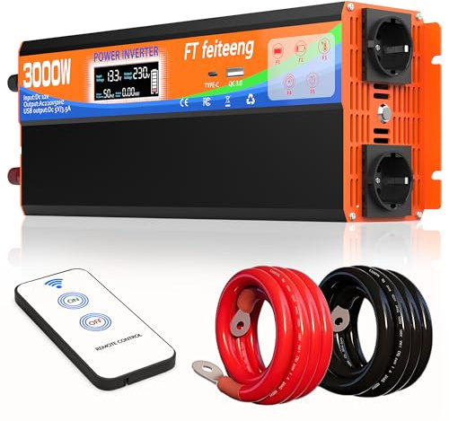 3000W Wechselrichter 12V auf 230V Spannungswandler mit 2 Europäische Steckdose und USB-C-Anschluss und QC 3.0-Hafen LCD Spannungsanzeige，Für Wohnmobil Haushaltsgeräten