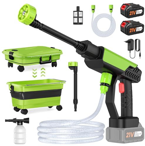 SWBSLL Idropulitrice a Batteria, 30 Bar, 2 Batterie da 3,0 Ah, Serbatoio 22 L, Tubo 2M, 6 in 1 Ugello, Verde, Portatile, Auto, Giardino