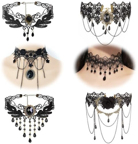 Spetsbst 6 Stück Gothic Halskette Set, Schwarz Choker Kette Damen Lace Halskette Choker Lolita Kostüm Zubehör, Gothic Schmuck Spitze Choker für Halloween Karneval Maskerade