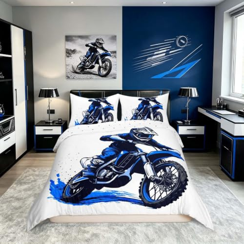 Loussiesd Graffiti Dirt Bike Duvet Cover Set Double Size For Kids Boys Teens Men Extreme Sports Bedding Set Racing Motocross Rider Comforter Cover with 1 Pillowcase Blue Motorbike Pattern