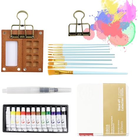 Fosoloni Mini Aquarell Travel Set, Pocket Aquarell Set mit Binder-Clips, 8 Gitter Palette Holz, 24 Farbpigmente, 10 Pinsel, 1 Wasserabsorbierender Stift und 1 Skizzenbuch, Mini Malset für Travel