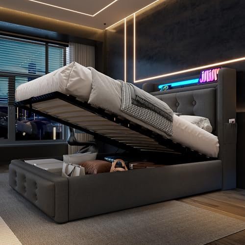 LAKFEW Einzelbett Polsterbett 90x200 cm mit LED-Kopfteil und USB-Typ-C, Hydraulisch Bett mit Stauraum, Kinderbett Jugendbett mit Lattenrost, Schlafzimmer Möbel, Ohne Matratze, Leinen, Grau