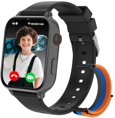Alutoria Montre Connectée Enfant 4G GPS, Smartwatch avec Appel Vidéo/SOS/Podomètre, Mode Classe, Cadeau pour Enfants 5-12 Ans (Noir) (A2202DE-BLACK)