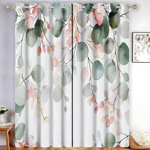 CDXNORA Curtains 66 x 72 Inch, 2 Panels - Watercolor Plants Eyelet Top Thermal Insulated Soundproof Blackout Curtains for Living Room/Bedroom/Patio Door,Hanging Pink Flowers And Green Leaves