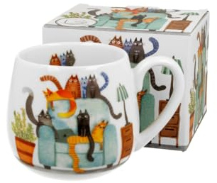 Duo - Taza de Porcelana New Bone China 430 ml – Diseño “Gatos en el Sofá” – Serie Animals – Colores Vivos, Estilo Moderno y Divertido – Incluye Caja Decorativa para Regalo