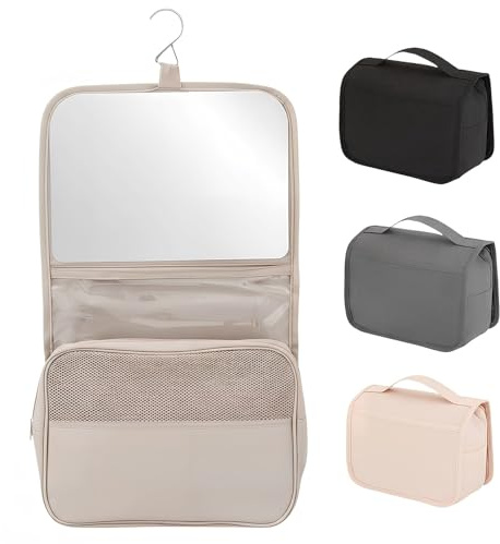 Trousse de Toilette, Pliable Grande Trousse de Toilette Voyage avec Miroir pour Hommes et Femmes, Multifonction Imperméable Sac Cosmétique Organisateur de Voyage avec Crochets (Beige)