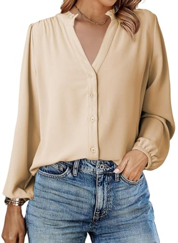 Dokotoo Musselin Bluse Damen Langarm Oberteile Hemd Blusen Tuniken V-Ausschnitt Locker Lässig Hemdbluse Langarmshirt Oberteil Einfarbig Tunika Blusenshirt Longshirt Tops S-XXL