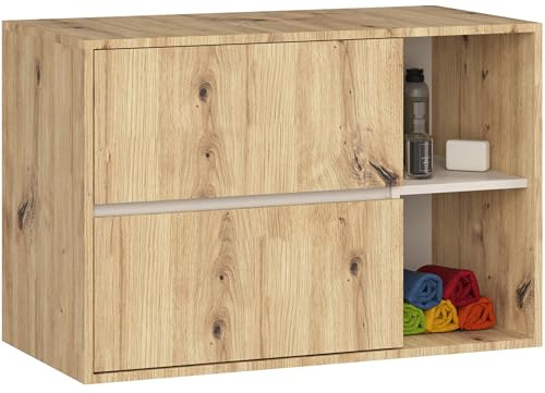 AKORD Hängender Waschbeckenunterschrank VAMI 90 cm - 2 Schubladen - Waschtischunterschrank für Aufsatzwaschbecken, Offene Fächer - Badezimmer Schrank - B90xH60xT45,5 cm - Artisan-Eiche & Kaschmir