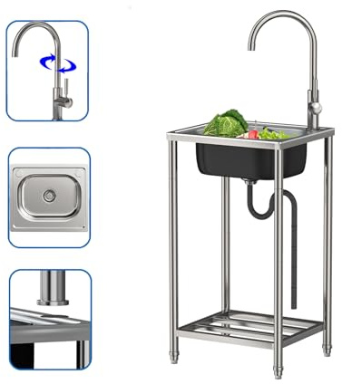 Lavello da Esterno in Acciaio Inox, Lavandino con Rubinetto Lavandino Commerciale Lavelli Autoportante Lavello di Utilità Lavabo Cucina Lavamani Industriale Per Giardino 60 * 45cm