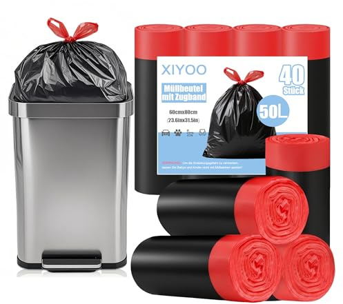 XIYOO Müllbeutel 50l mit Zugband 40 Stück Schwarz Müllsäcke Reißfest Mülltüten für Küche Große Abfallbeutel