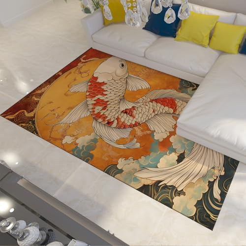 LANDERSION Traditioneller chinesischer Stil Teppich Abstrakte Wolken Koi Fisch Muster Orientteppich Flachflor waschbare Bereichsteppiche für den Eingangsbereich des Wohnzimmers 60x120cm