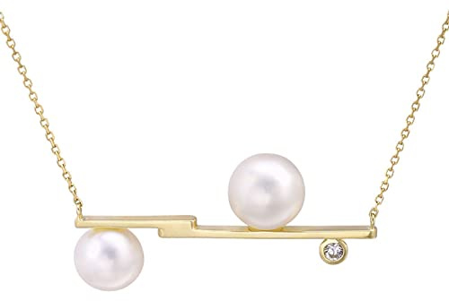 Damhalsband guld, 18K gult guld hängande halsband Balansbalk med pärla och Cubic Zirconia