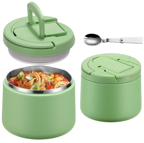 Itslife Thermobehälter für Essen 420ml, Warmhaltebehälter Essen Edelstahl mit Schnallendeckel und Löffel, Thermo Lunchbox Auslaufsicher, Essensbehälter für Picknick, Schulen und Büros, Grün
