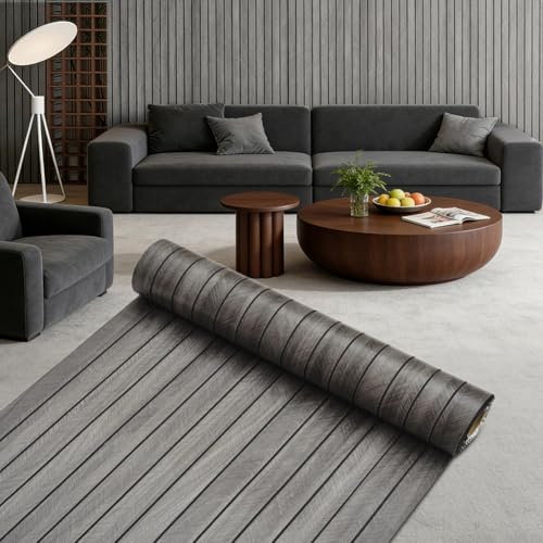 Självhäftande akustikpaneler 300x40 cm, väggpaneler i trä, 3D lamellvägg med träoptik för väggdekoration & ljudskydd, takpaneler i träinläggning, träväggpaneler (mörkgrå)