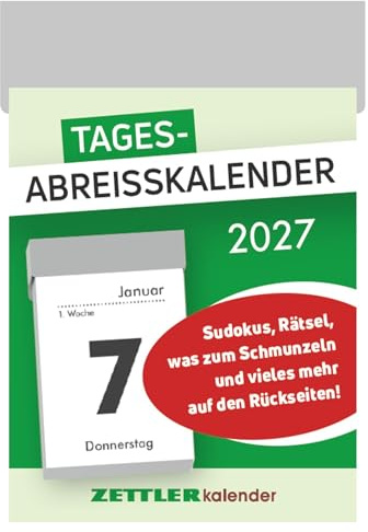 Tagesabreißkalender S 2027: Abreißkalender 4 x 6 cm, 1 Tag pro Seite mit Sudoku, Rezepten, Rätseln & Tipps auf den Rückseiten
