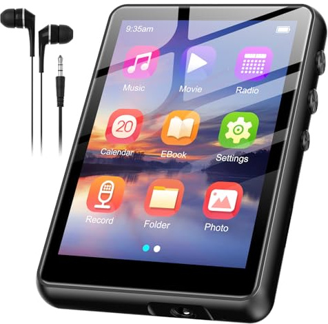 SWOFY Reproductor MP3 de 64 GB, Bluetooth 5.3, reproductor de música HiFi, pantalla táctil de 2,4 pulgadas, reproductor de MP3 con altavoz, grabadora, radio FM, soporte para hasta 128 GB de ampliación