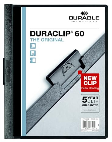 DURABLE Duraclip 221401 - Copertina in vinile, contiene fino a 60 pagine, colore: trasparente/nero, 25 per scatola