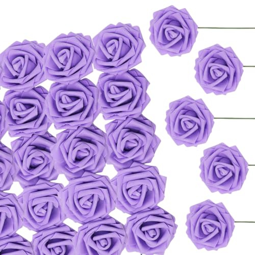 Yalulu 50 Stück 8CM Foamrosen Schaumrosen Blumenköpfe Schaumköpfe Künstliche Kunstblumen Rosen Rosenköpfe Brautstrauß Party Hause Deko (Lila)