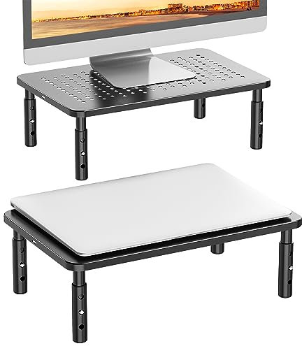 WALI Computer Monitor Stand Riser, 3 Height Adjustable Monitor Riser, Metal Desk Computer Stand for Office Home School Supplies, 37 x 24 cm, 2 Pack, Black (STT003-2)
