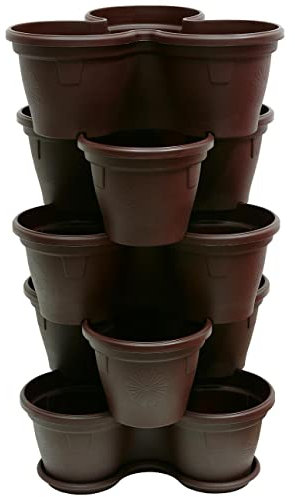 Engelland 5X Blumentopf, Säulentopf, Pflanzturm, Hochbeet, Pflanztopf-Kübel mit Untersetzer, stapelbar, widerstandsfähig, Kunststoff, für Außenbereich, 55 Liter, Farbe: Braun