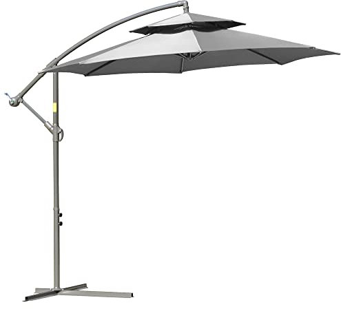 Outsunny Sonnenschirm Ampelschirm Ø2,67 x 2,45 m Kurbelschirm mit Doppeldach Kreuzbasis Stahl Outdoor Sonnenschutz Polyester Stahl Hellgrau