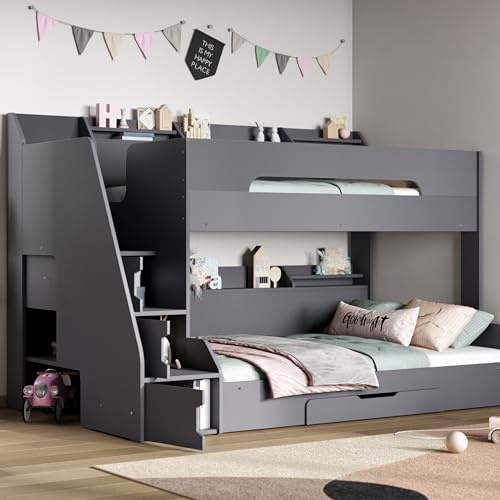 Flair Furnishings Small Double Bunk Beds for Kids, Staircase Bunk Bed with Storage, Heavy Duty and Sturdy, Cosy, Stylish, Space-Saving Design (Grey)