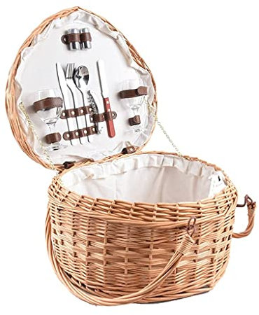 UZOURI Picknickkorb aus Weidengeflecht mit Deckel und klappbaren Griffen Herzförmige Picknickkörbe für 2 Personen, 40 x 35 x 22 cm