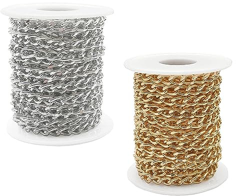 Fhioevt 2 rullar, 5 meter kedja för smycken, aluminiumkedja, silverkedja och guldkedja, smyckestillverkningssats, halsband för halsband, gör-det-själv-armband (guld, silver 9 x 6 mm)