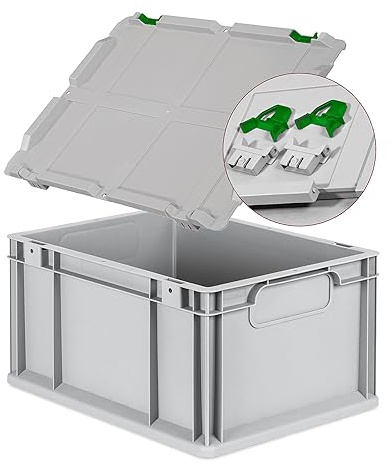 Eurobox NextGen Economy 40x30x22cm Griffe geschlossen mit Scharnierdeckel grau, Kunststoffbox 20 Liter stapelbar Transportbox, Campingbox Farbe Deckel-Verschlüsse wählbar (Verschluss Grün)