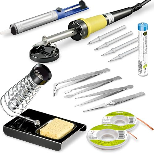 goobay 74093 Set di saldatori/Saldatore elettrico 60W / Supporto per saldatore con spugna per saldare/Pompa dissaldante/Saldatore senza piombo/Set di punte per saldare