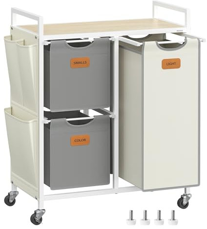 VASAGLE Wäschekorb 3 Fächer, Wäschesammler 100 L, Wäschesortierer, Rollen, Wäschewagen mit Ablage, Wäschesack, kleine seitliche Taschen, 6 Etiketten, naturbeige-taubengrau-cremeweiß BLH202G01